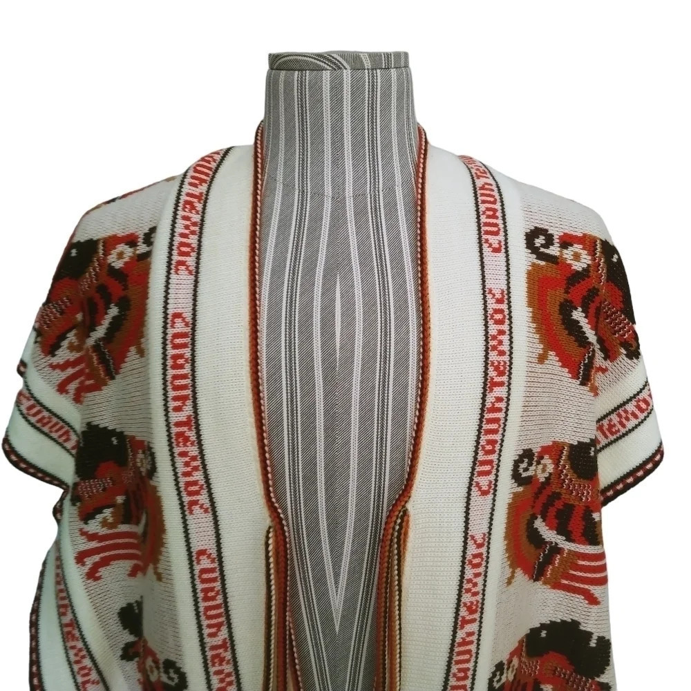 Vintage Intarsia Knit Poncho Beige Orange Brown - Picture 5 of 9